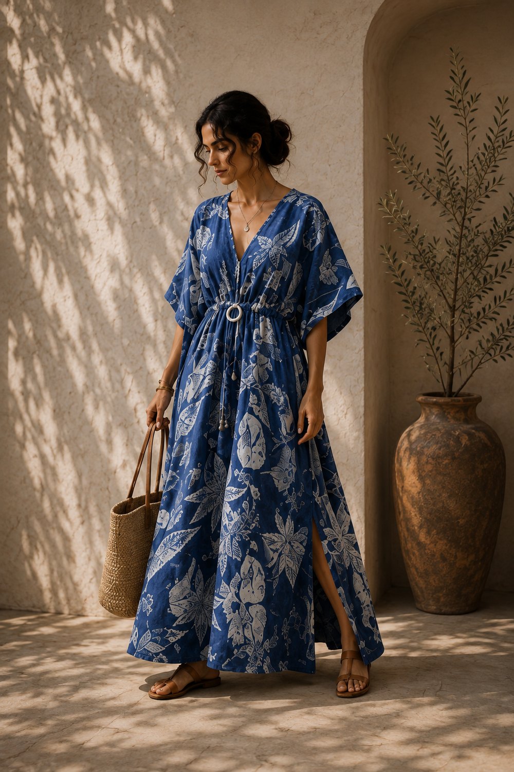 The Drift Kaftan — Hand block-printed cotton, natural indigo · 120 GSM