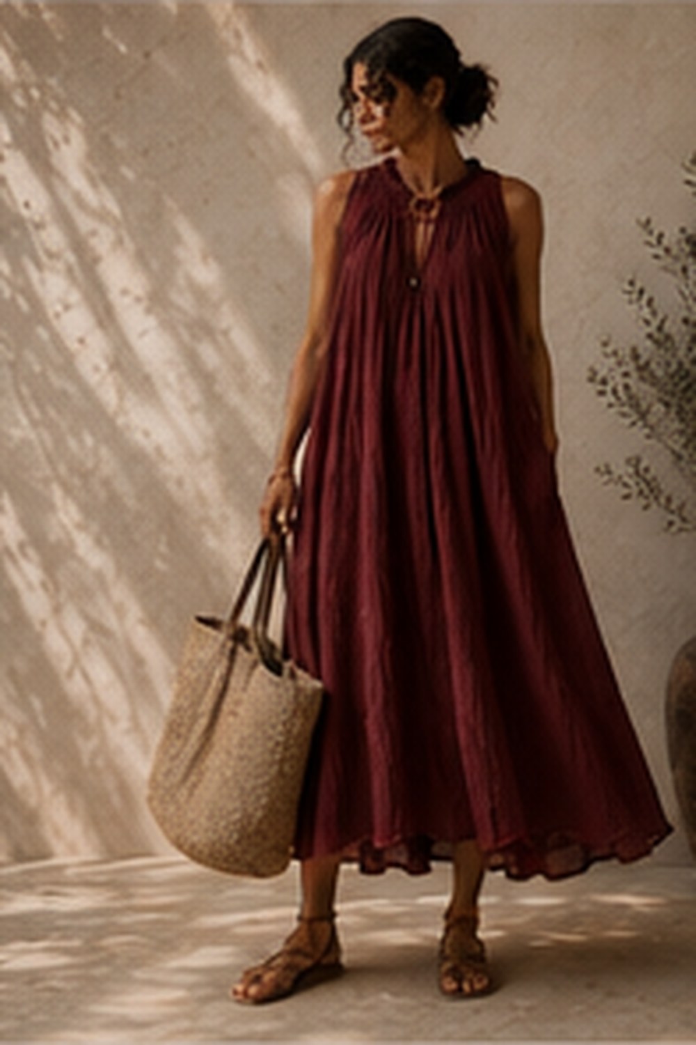The Tarvi Dress — Crinkled cotton, madder-dyed · 130 GSM
